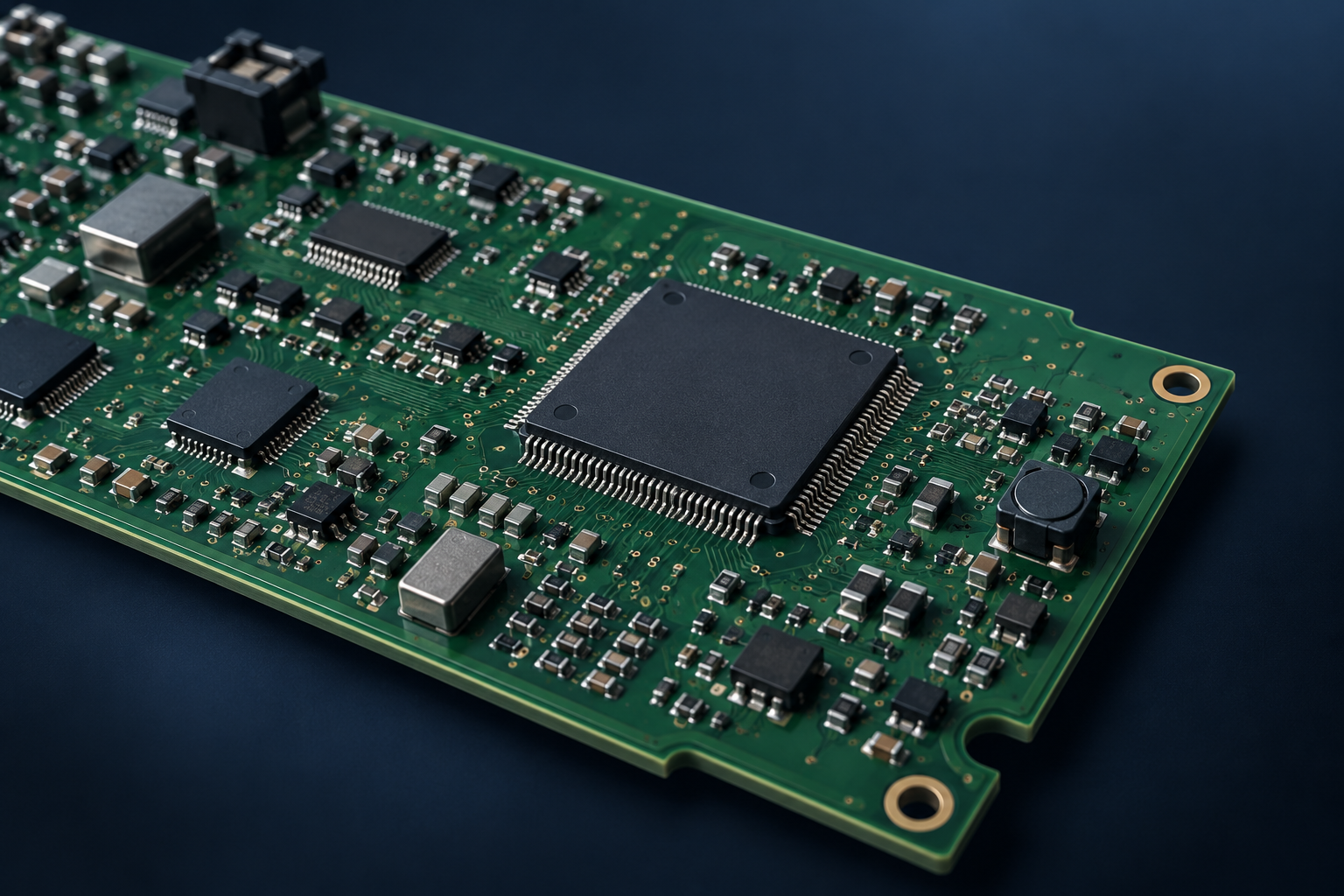 Detailed view of an assembled green PCB with integrated circuits and surface-mount components